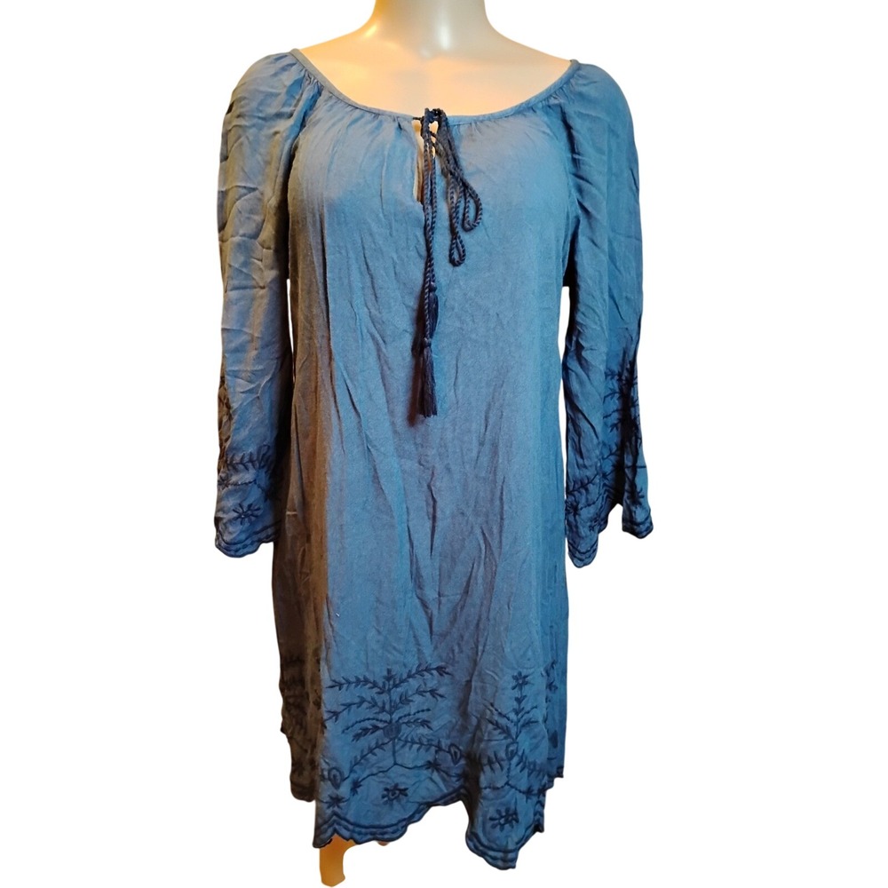 Chic Connection Blue Embroidered Boho Tassel Shift Dress 1154(M) Small